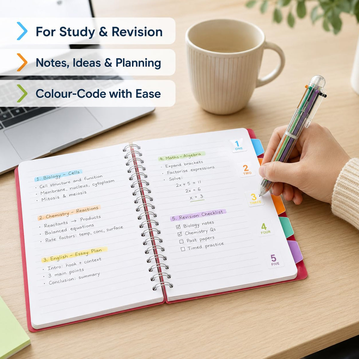 KESOTE 5 Subject Spiral Notebook with Divider Tabs, A5 Wide Ruled 5.7" × 8.5" Hardcover Tabbed