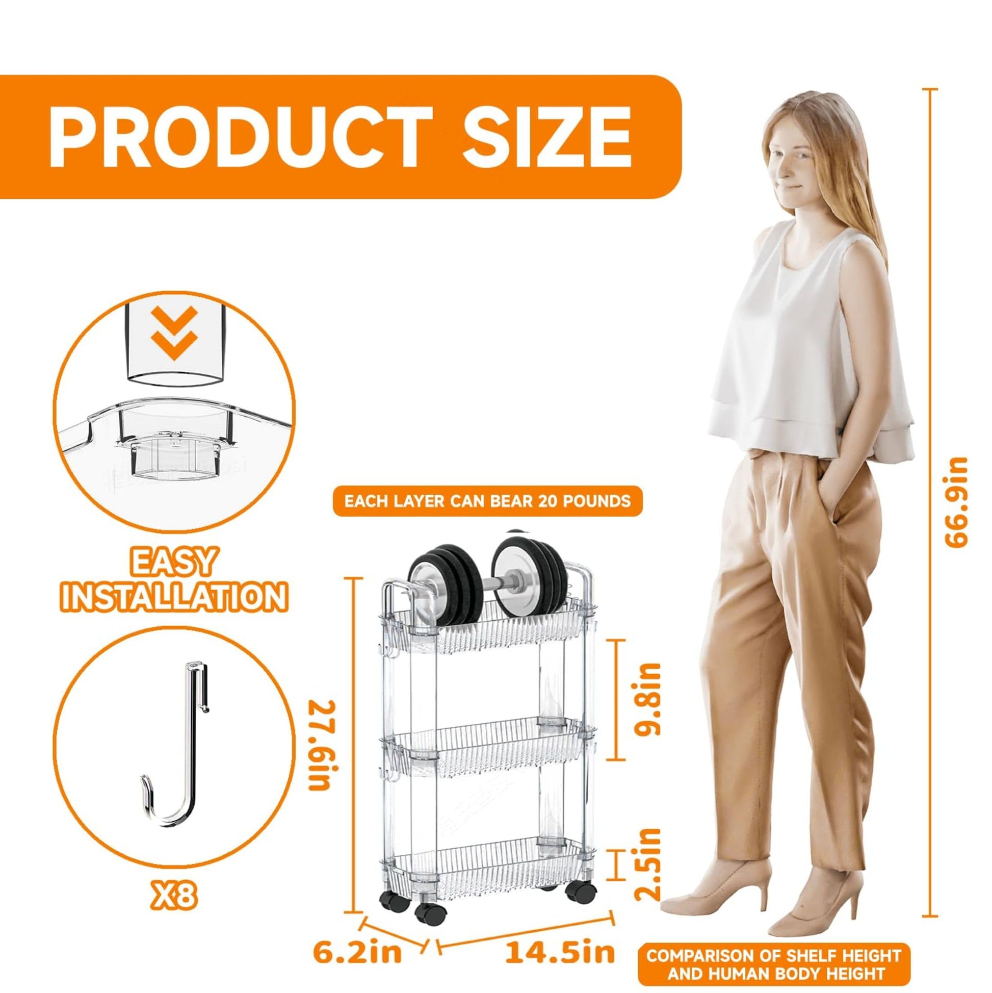 3 Tier Slim Rolling Storage Cart with Wheels for Small Space,Clear Modern Design Slim Utility Cart