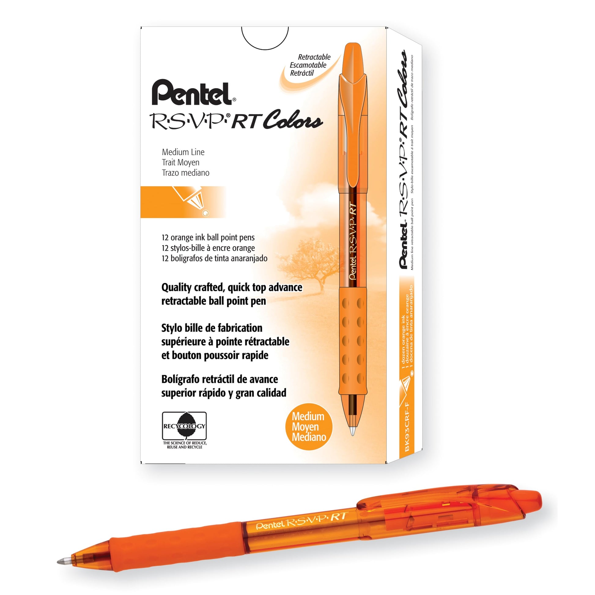 Pentel RSVP RT Colors Retractable Ballpoint Pen, (1.0mm) Medium Line, Barrel, Orange Ink, Box of 12