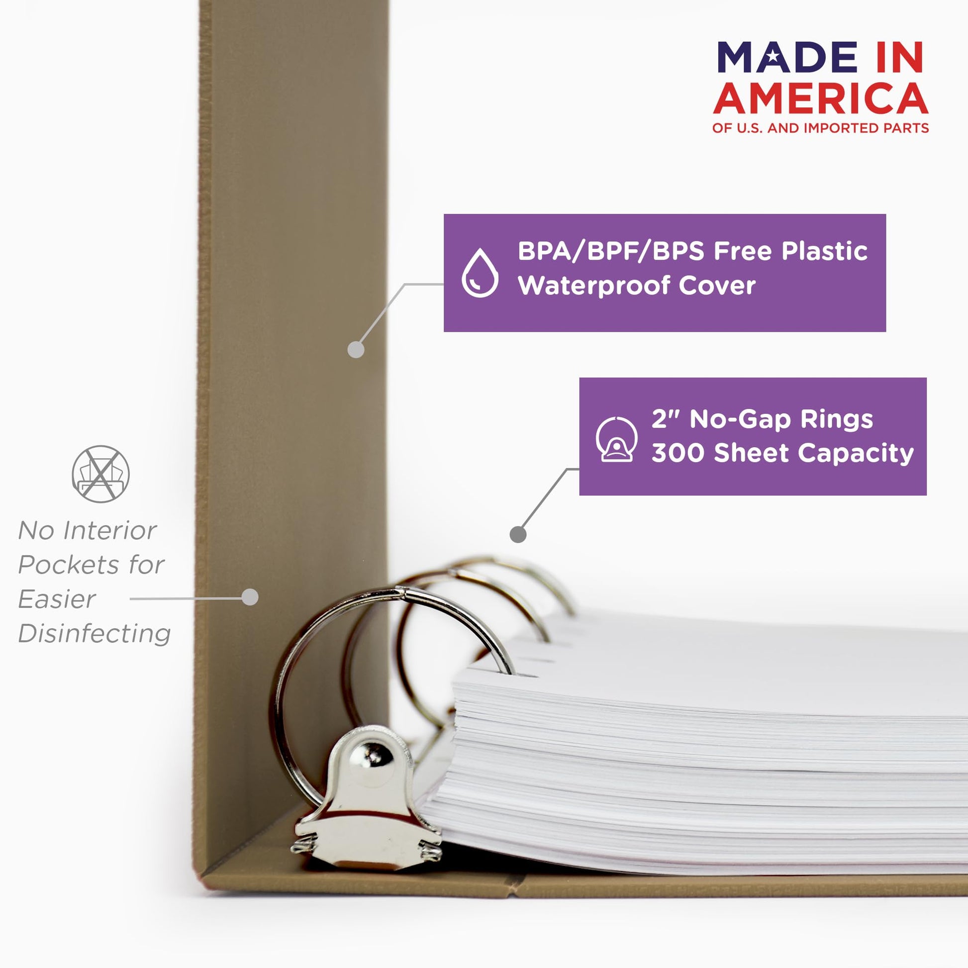 Carstens 2-Inch Heavy Duty 3-Ring Binder - Side Opening, Sand, Durable Plastic, Precision No-Gap