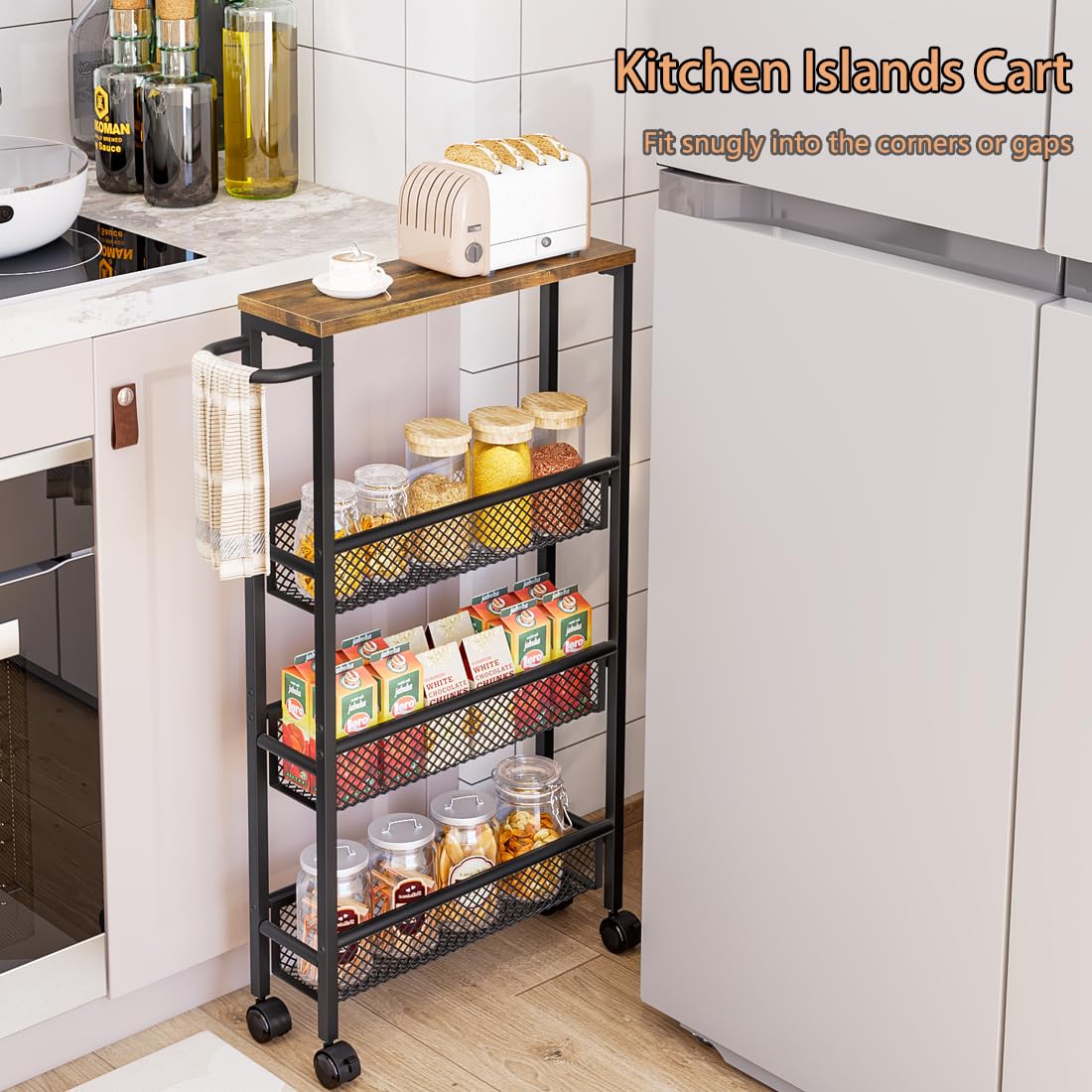 AZERPIAN Slim Rolling Cart 4 Tier Narrow Storage Cart on Wheels with Handle