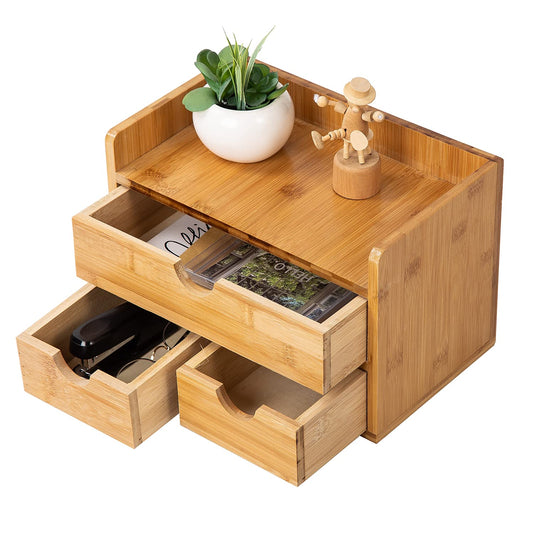 Rustic Bamboo Desk Organizer with Drawers,3-Drawer Desktop Storage Box
