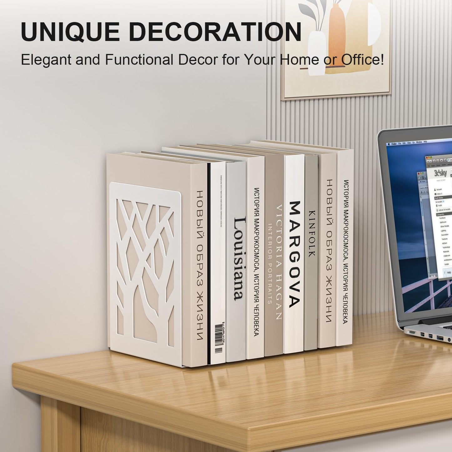 ALOTCHE White Bookends 8 Pack, Tree Design Modern Metal Bookends for Shelves, Unique Tree Book Ends