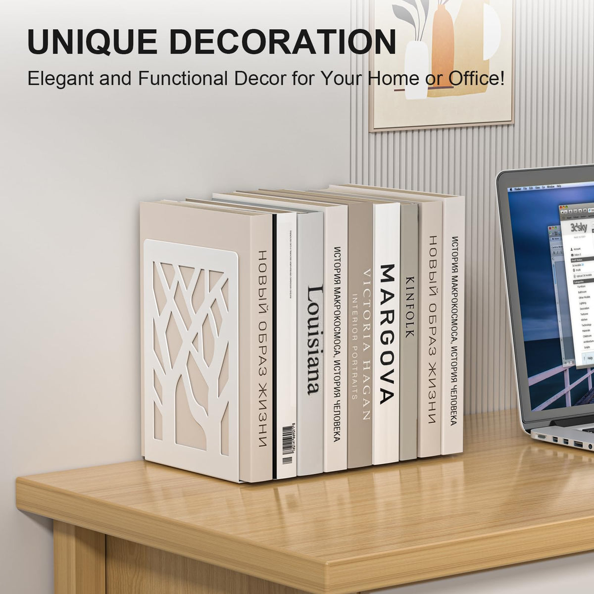 ALOTCHE White Bookends 8 Pack, Tree Design Modern Metal Bookends for Shelves, Unique Tree Book Ends