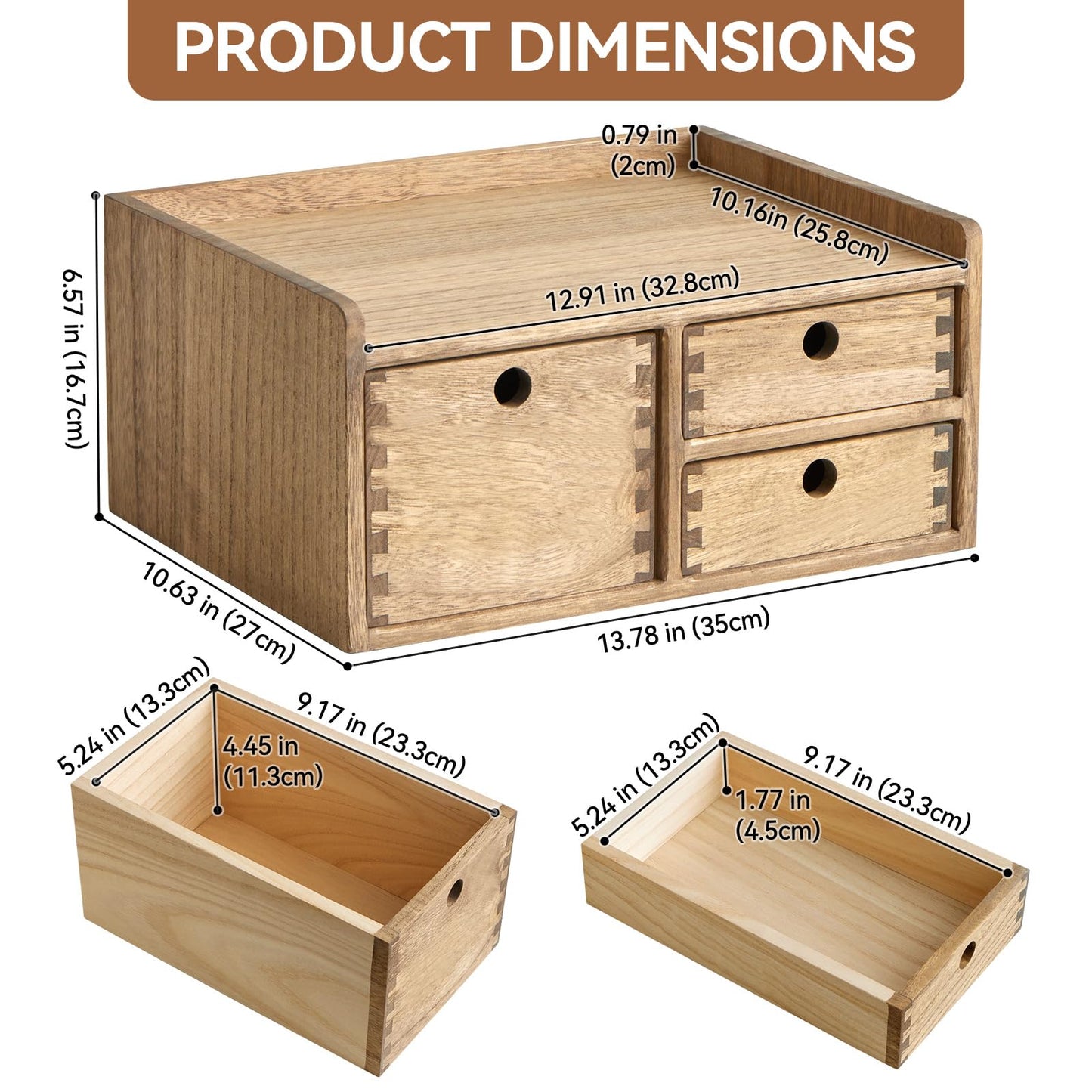 KIRIGEN Wooden Desk Organizer with 3 Drawers and Top Tray, Brown DT1D3C-DBR