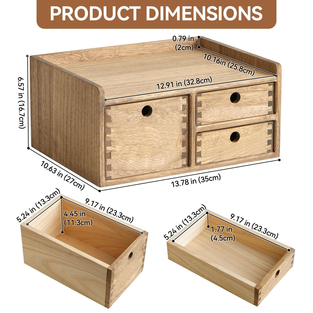 KIRIGEN Wooden Desk Organizer with 3 Drawers and Top Tray, Brown DT1D3C-DBR