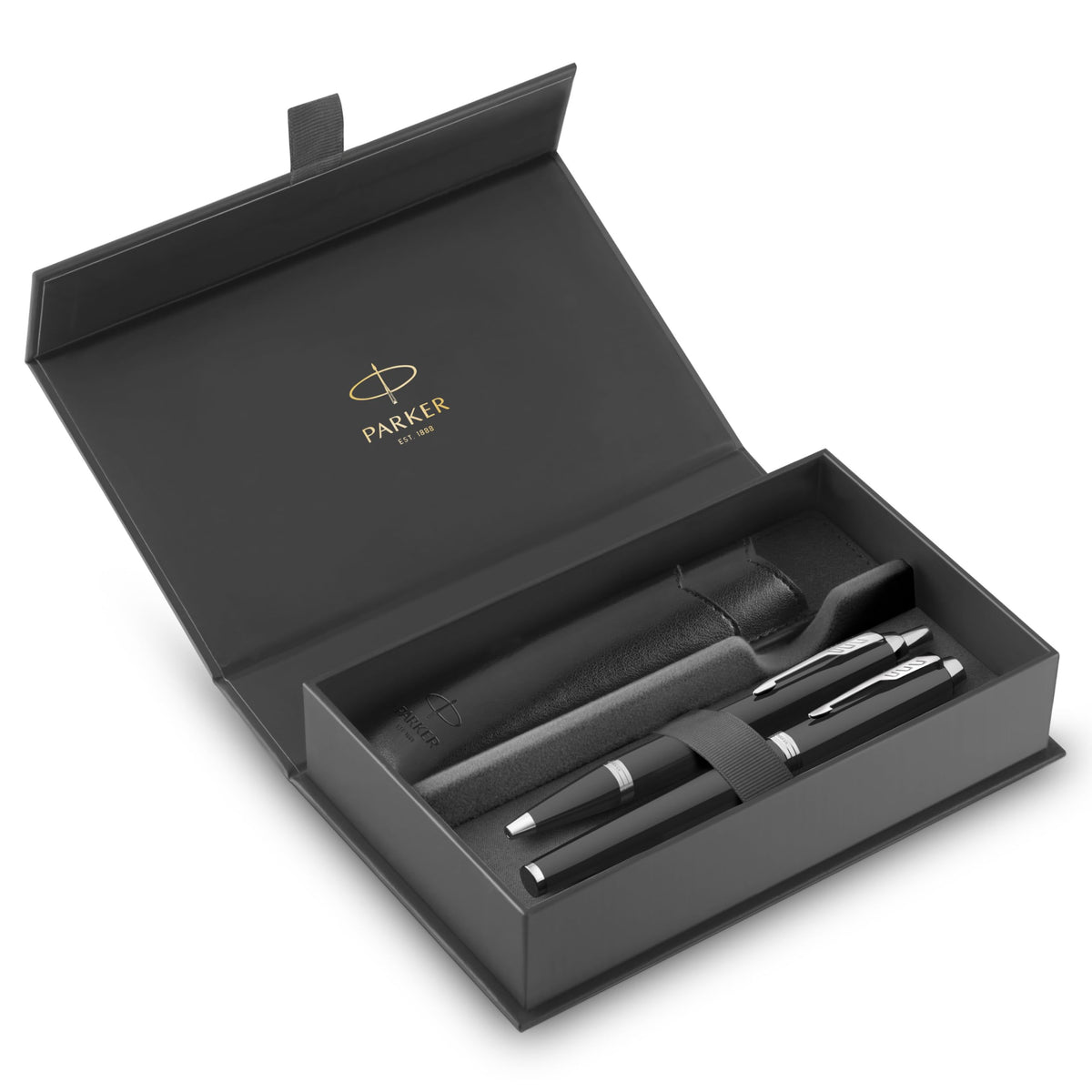 PARKER IM Duo Pen Set | Fountain Pen, Ballpoint Pen & Pen Pouch | Black Lacquer Finish with Chrome