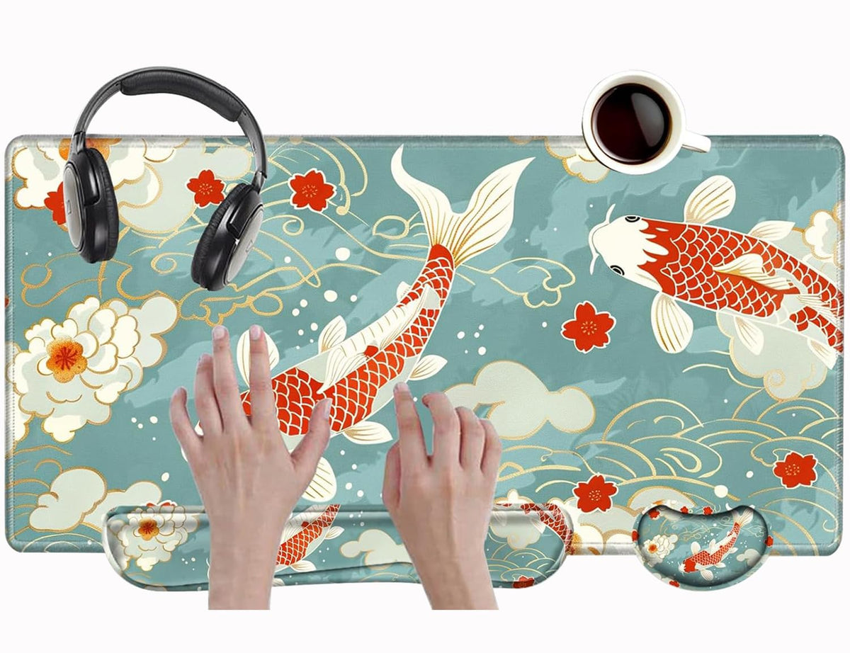 Koi Fish Desk Mat Set Carp Mousepad Gaming Mouse Pad and Keyborad Wrist Rest XXL Desk Pad 31.5" x