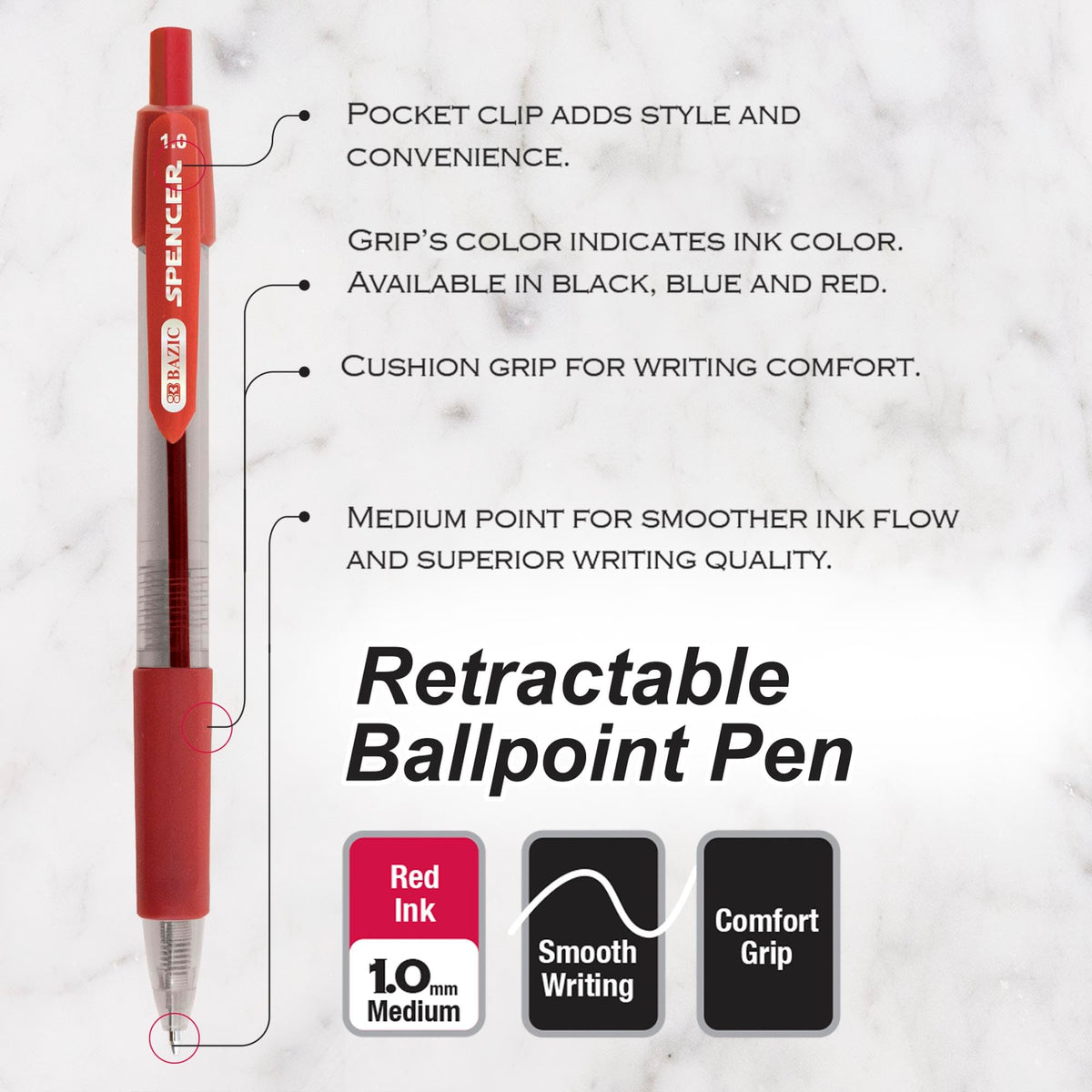BAZIC PRODUCTS Spencer Red Ink Retractable Pens, 1.0 mm, 5 Ct, 24-Box