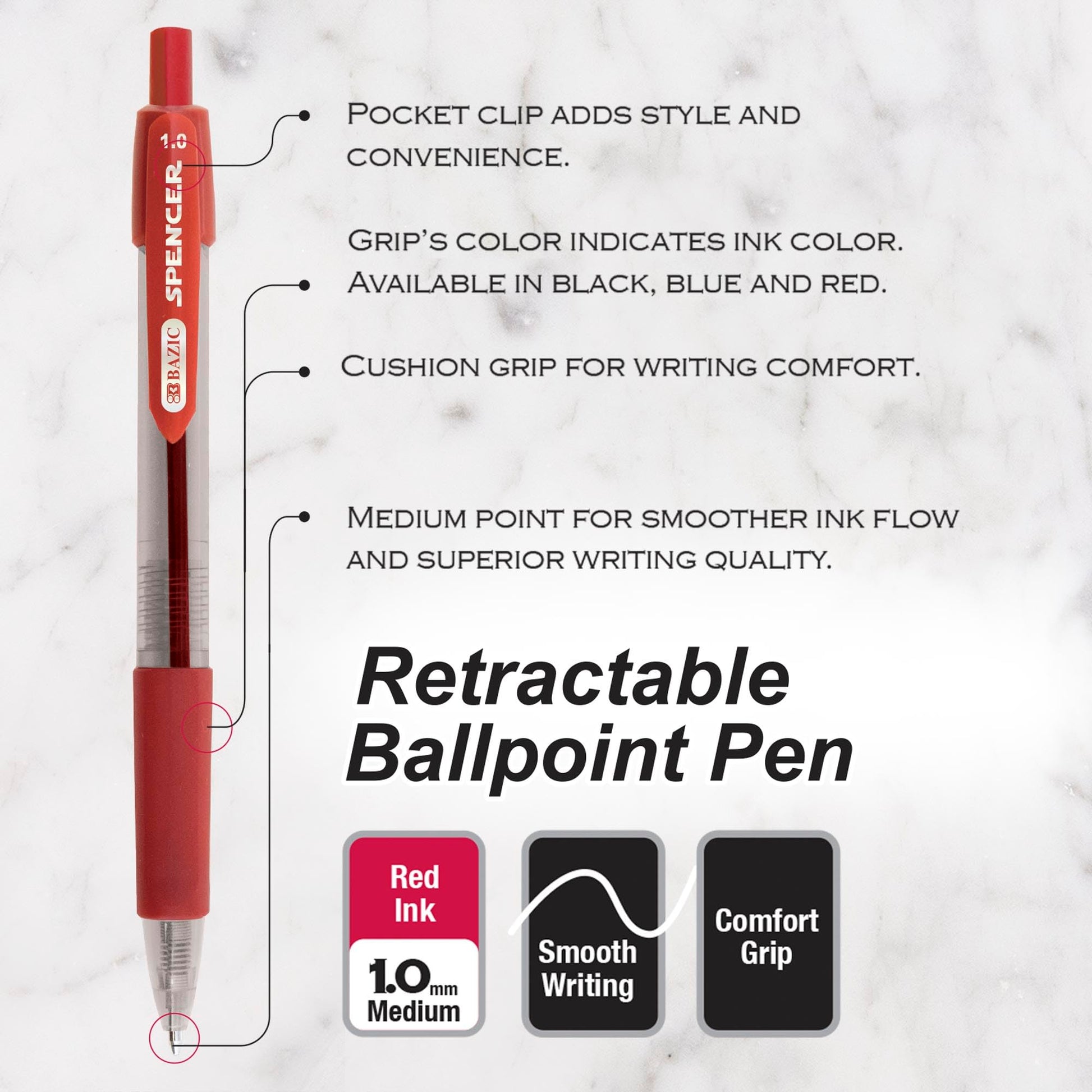 BAZIC PRODUCTS Spencer Red Ink Retractable Pens, 1.0 mm, 5 Ct, 24-Box