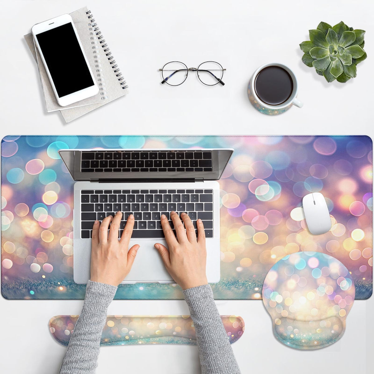 Britimes Keyboard Mouse Pad Set, 4 in 1 Desk Mat Set, Pink Blue Glitter