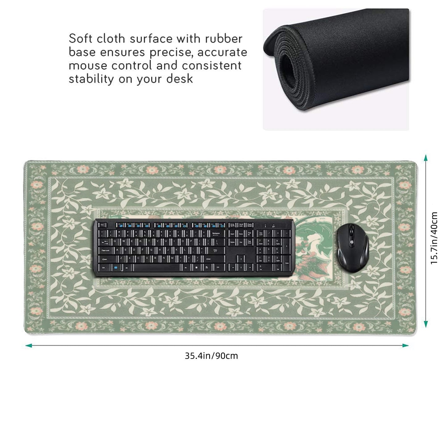 Sage Green Floral XXL Desk Pad Mat - Extra Large Mouse Pad with Anti-Slip Base & Stitched Edges for
