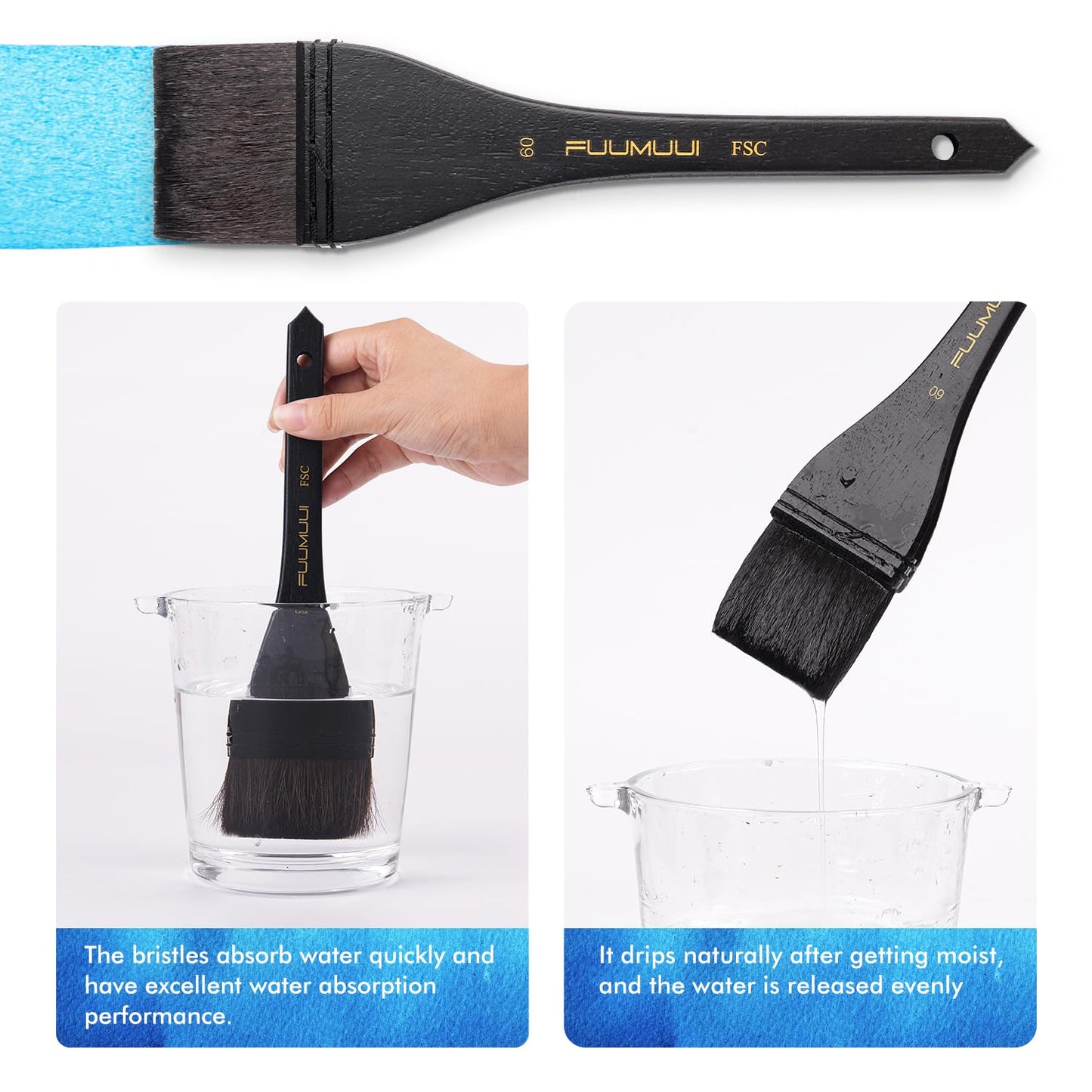Flat Watercolor Brushes, Fuumuui 60mm Professional Squirrel Hair Flat Hake Brushes, Artists Scale