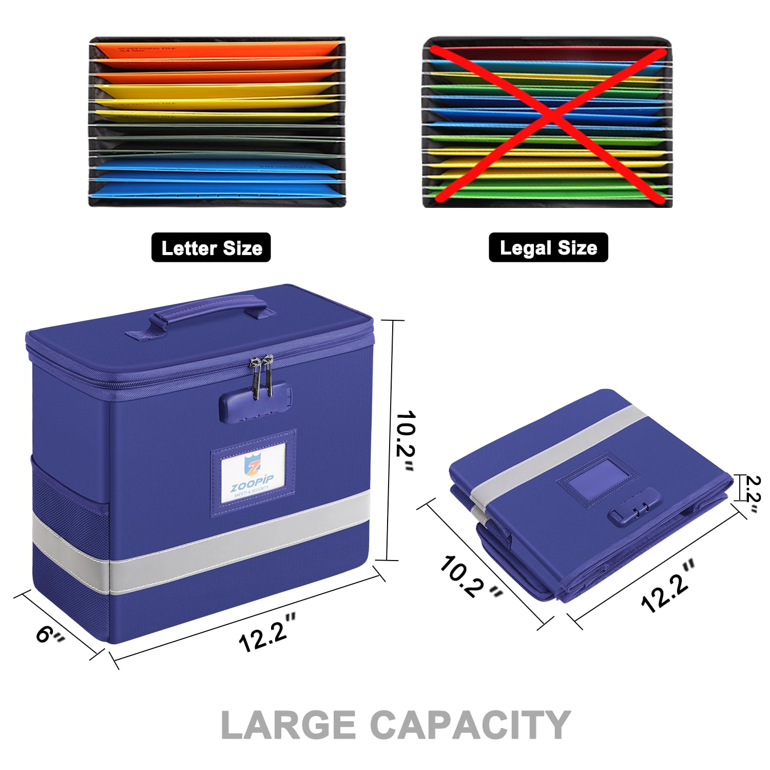 ZOOPIP Fireproof File Box with Lock, Collapsible Document Organizer, Blue