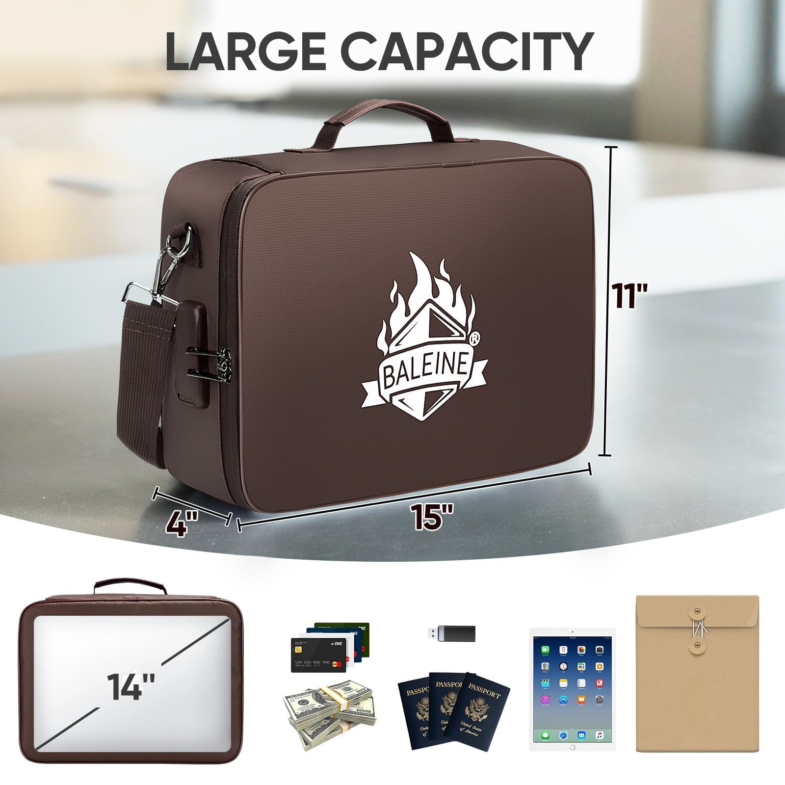BALEINE Fireproof Document Box with Lock, Waterproof Fire Safe File Bag
