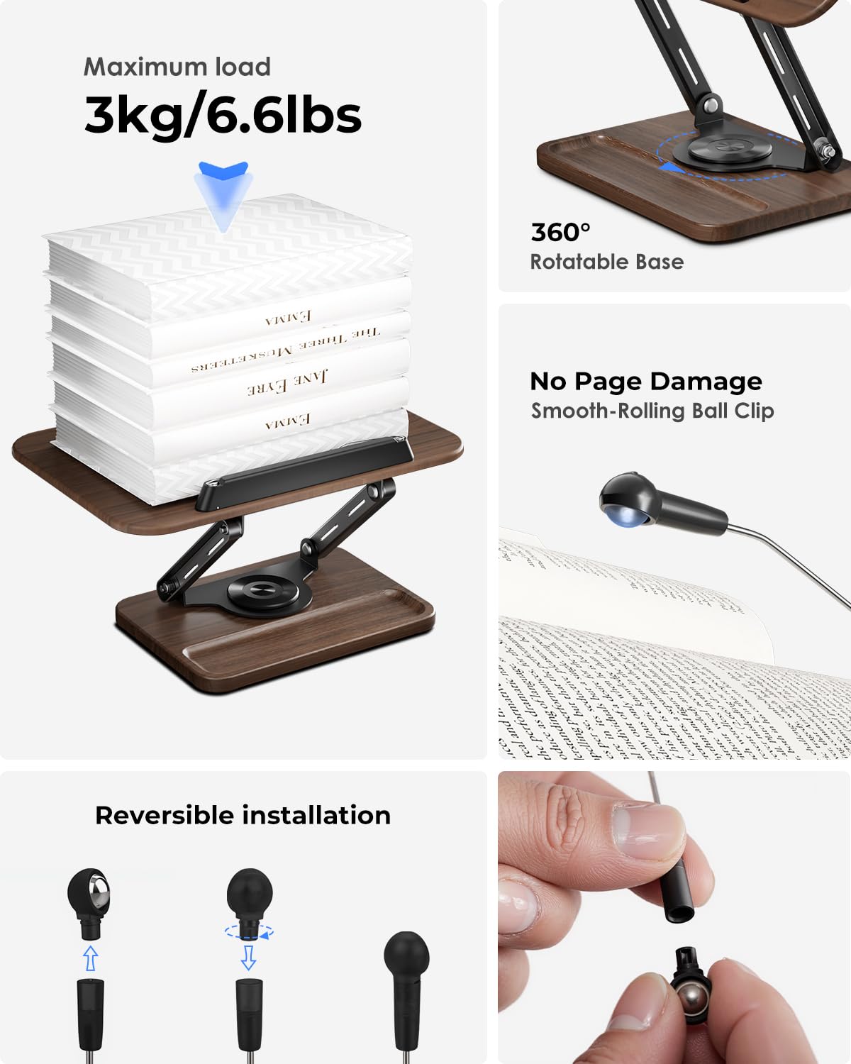 Viozon Book Stand for Reading, Book Holder 360° Rotating Base with Pen Slot, Foldable Reading