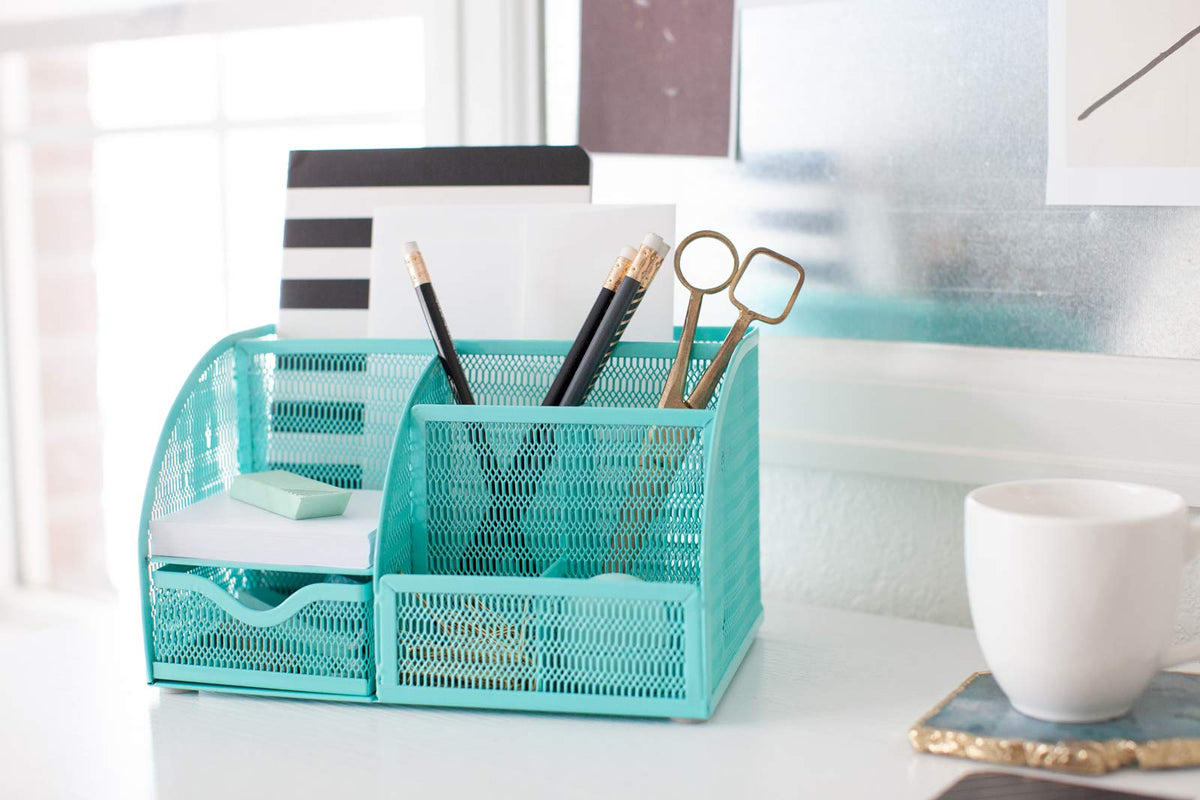BLU MONACO Aqua Desk Organizer | Metal Turquoise Stationery Holder With Drawer and Compartments |