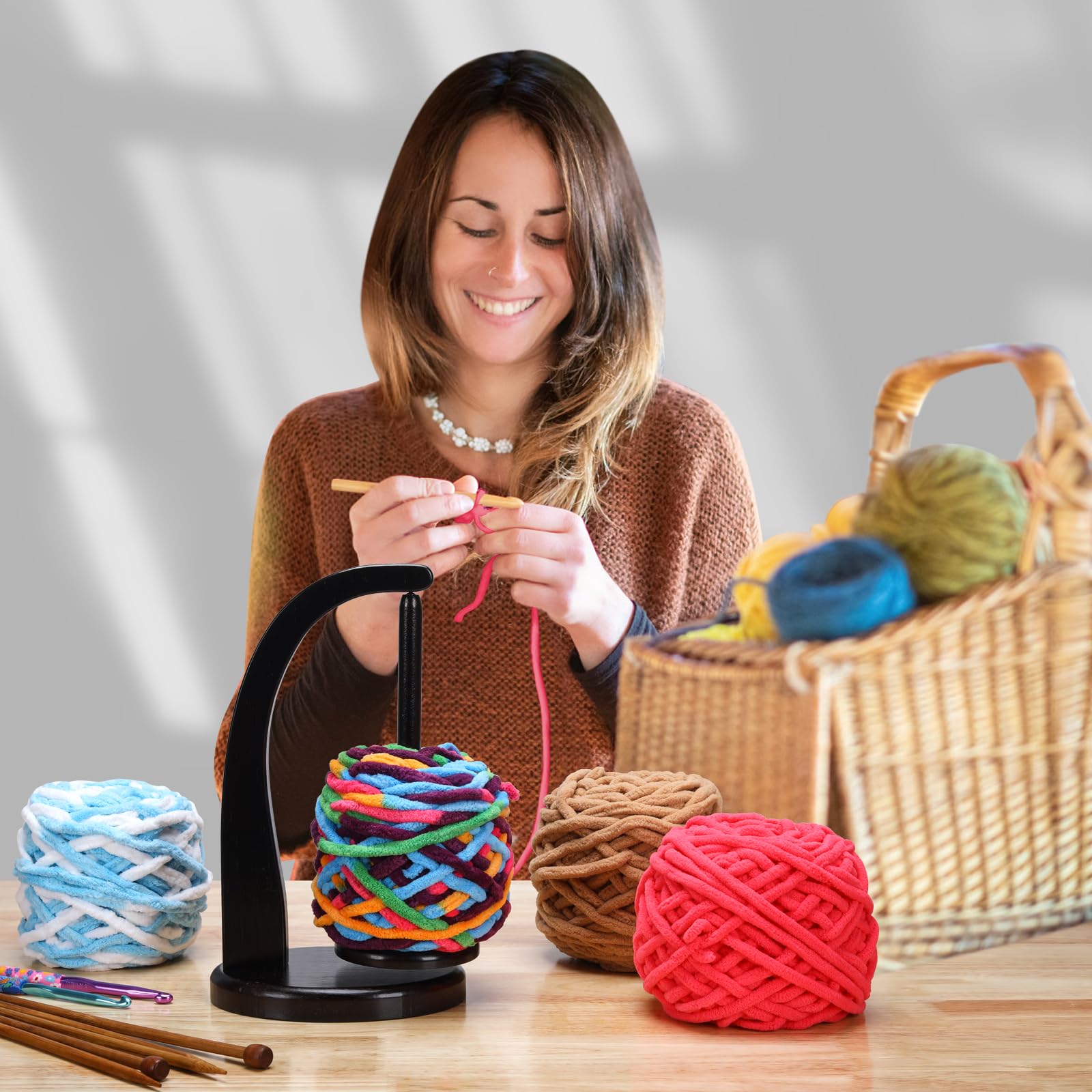 FLYKEY Yarn Holder for Crocheting with Magnetic Yarn Spinner-Black-Standard