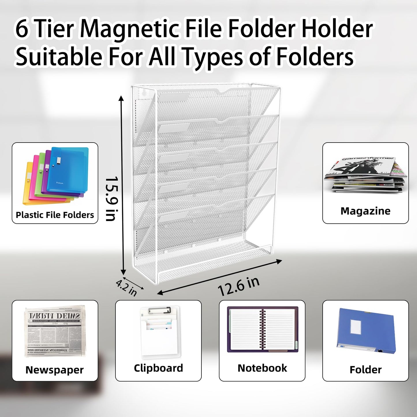 LQPAFZ 6 Tier Magnetic File Holder, No Drilling Installation File Cabinet Organizer,Black Magnetic
