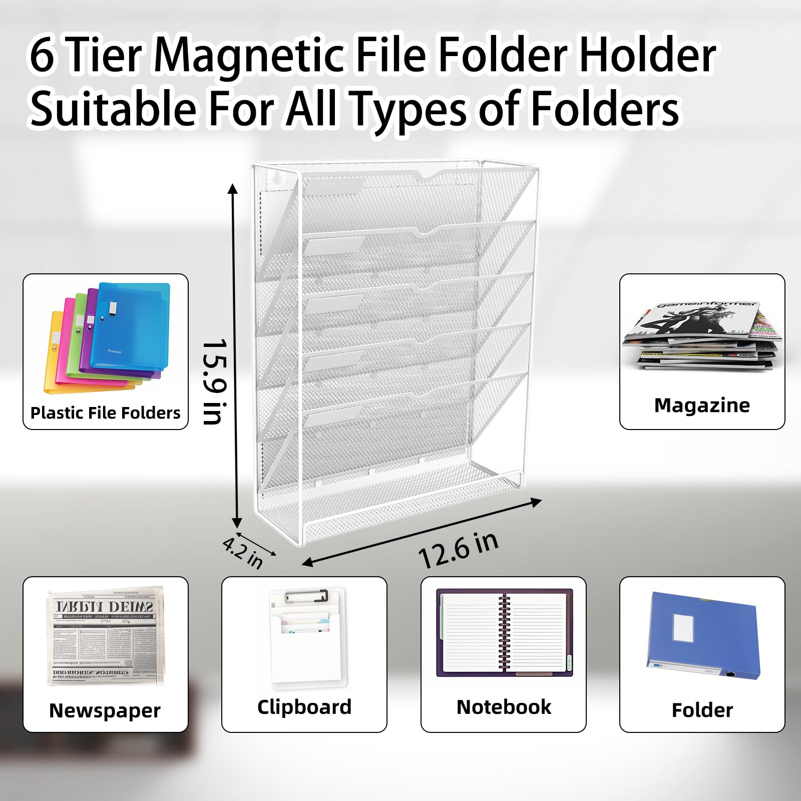 LQPAFZ 6 Tier Magnetic File Holder, No Drilling Installation File Cabinet Organizer,Black Magnetic