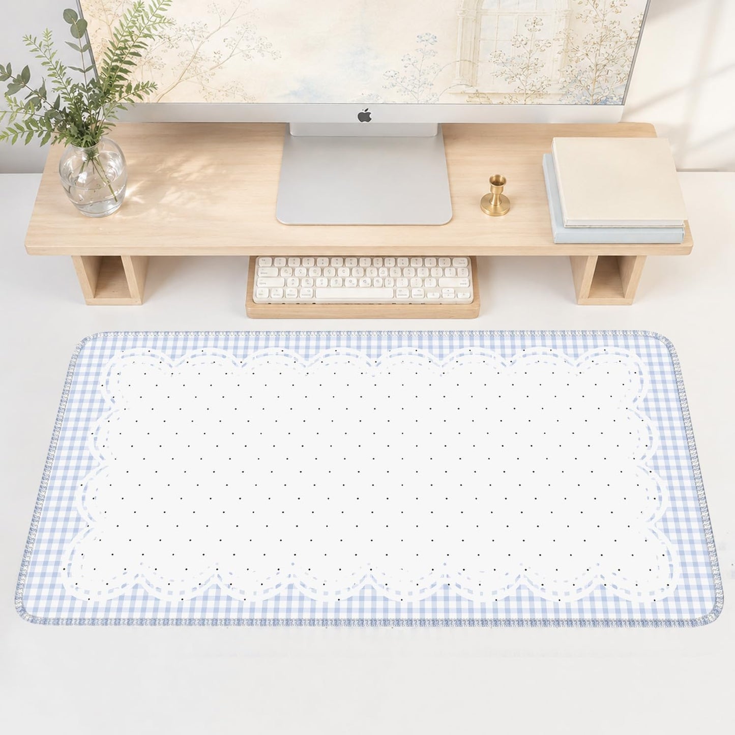 Nasdalgias Blue White Desk Mat -31.5x15.7in-Checkered Wavy Polka dots for Office Study Gaming Work