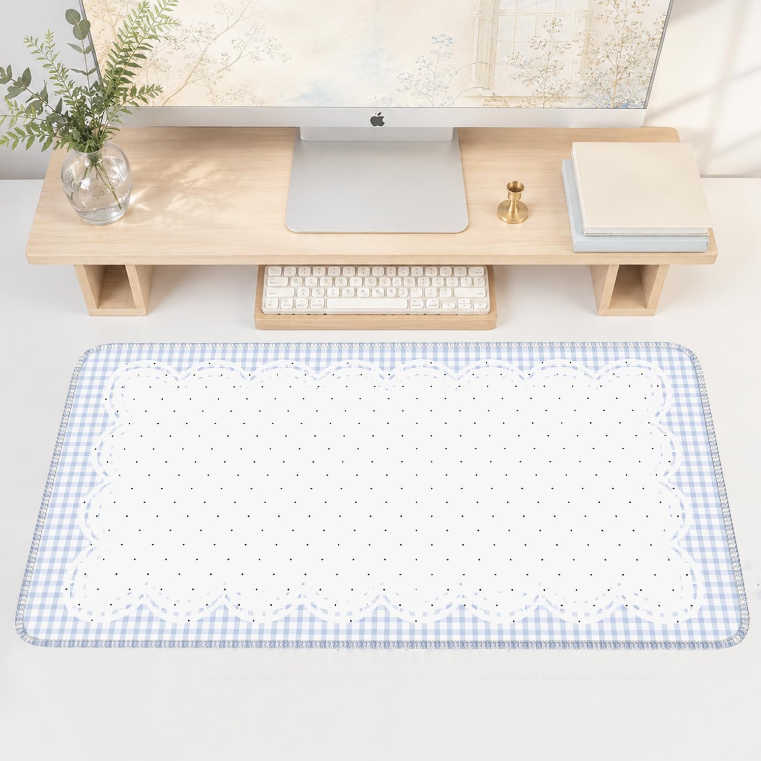 Nasdalgias Blue White Desk Mat -31.5x15.7in-Checkered Wavy Polka dots for Office Study Gaming Work