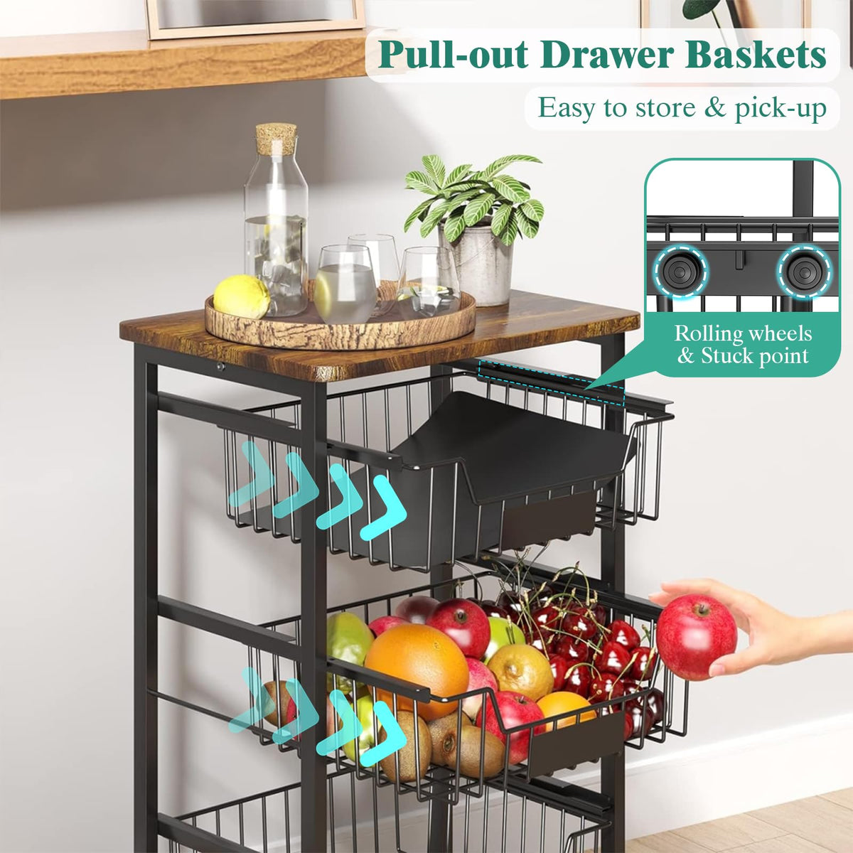 CHLORYARD 4-Tier Vegetable Fruit Basket Kitchen Storage Rolling Cart on Wheels with Pull-Out