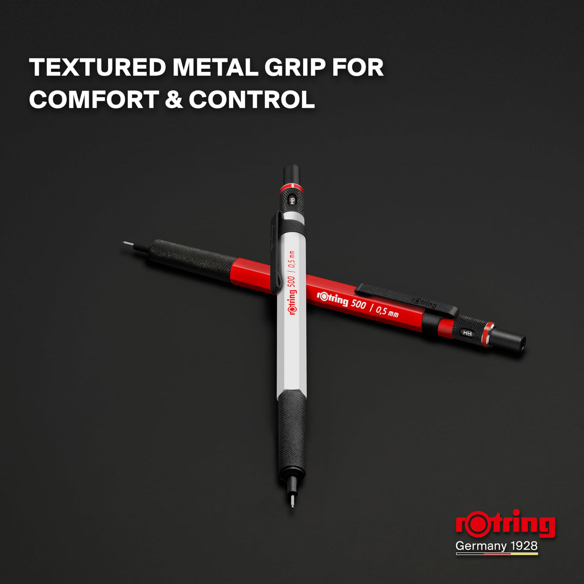 rOtring 500 Mechanical Pencil, White Hexagonal Plastic Barrel and Non-Slip Textured Metal Grip