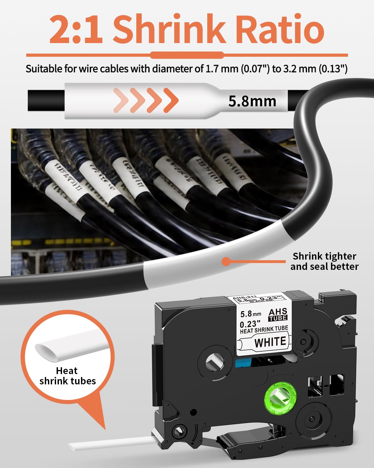 HSe-211 HSe211 Replacement for Brother P Touch Heat Shrink Label 5.8mm 0.23