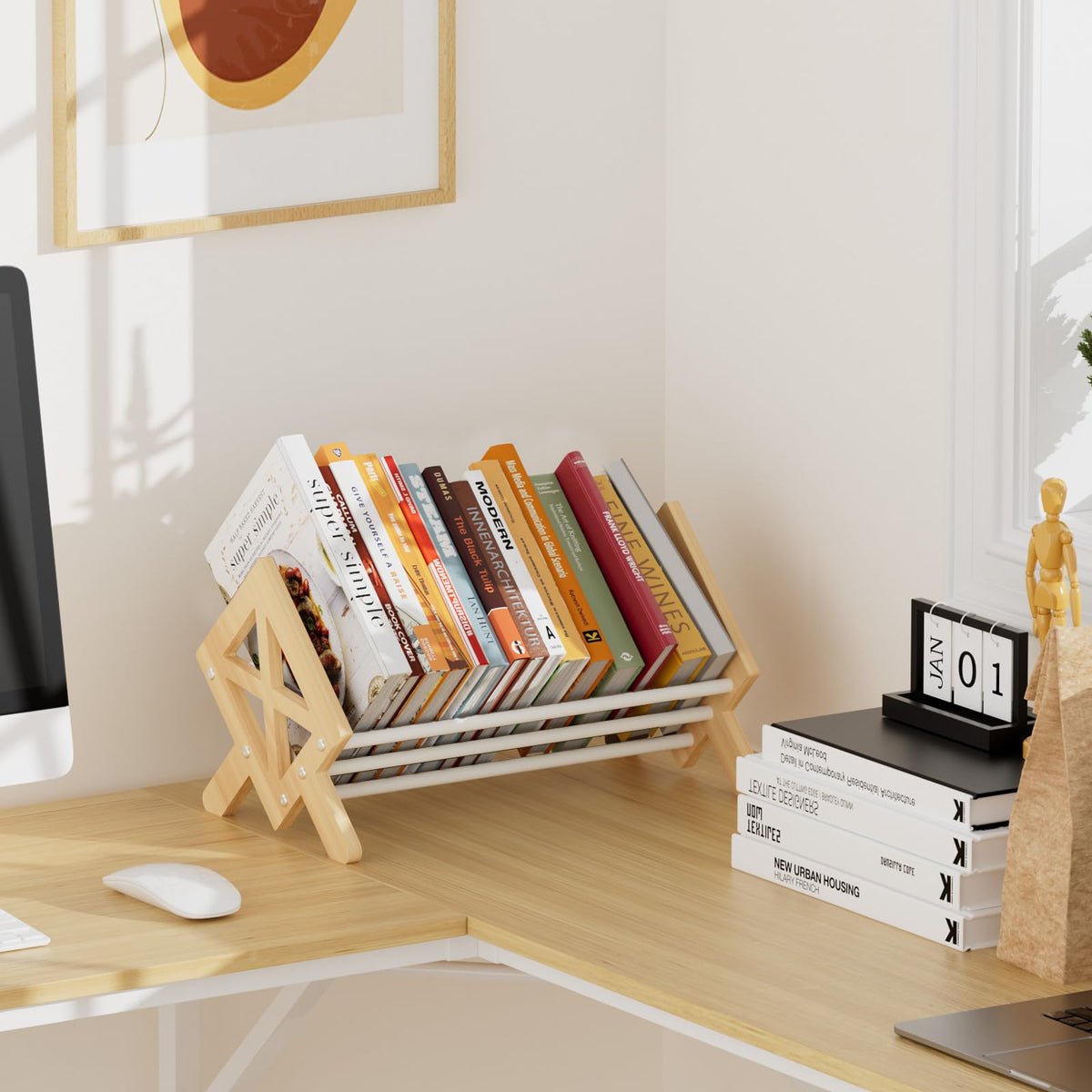 ART-GIFTREE Desktop Bookshelf Organizer, Wood Office Tabletop Book Storage Rack, Tilting Bookcase