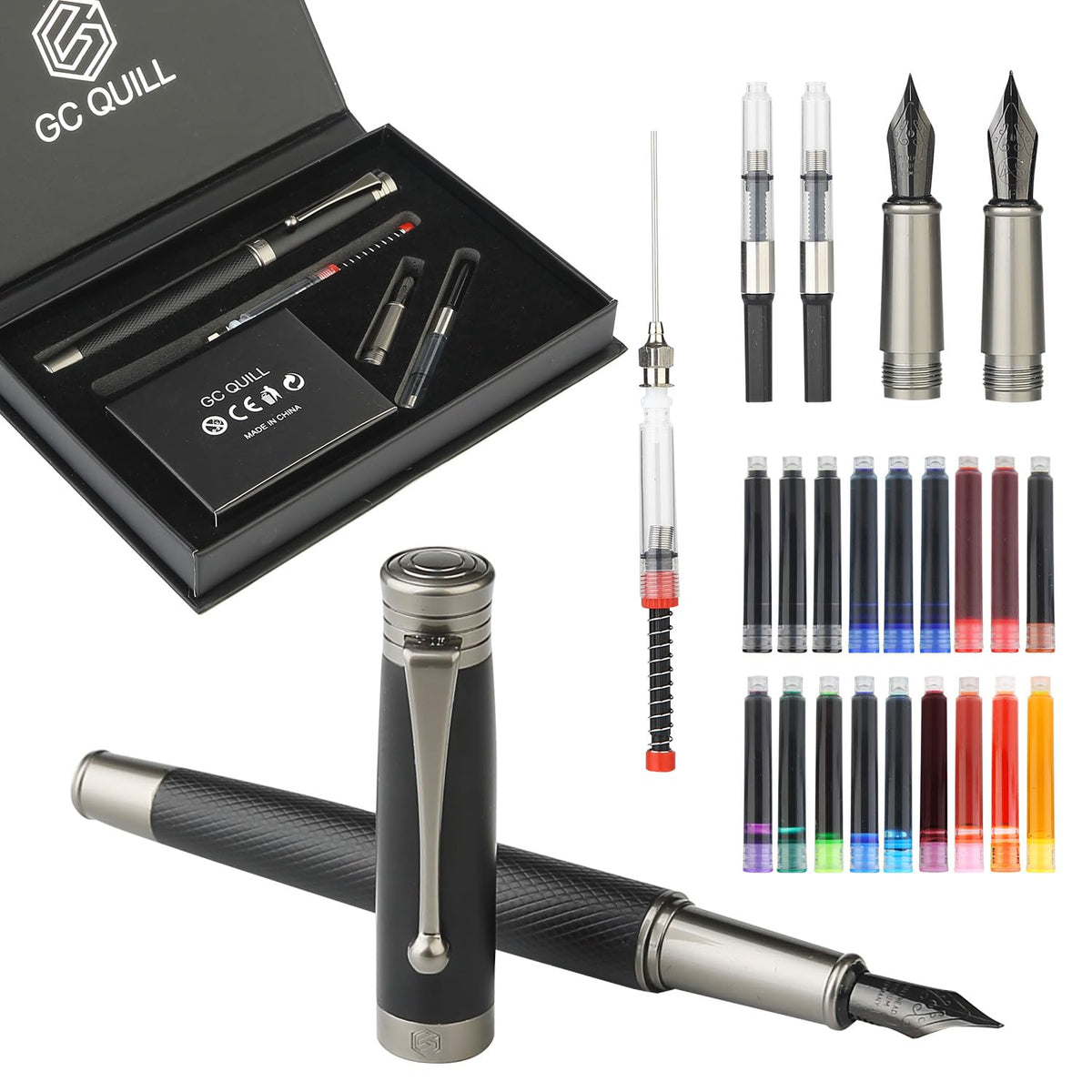 GC QUILL Fountain Pen Set - Fine & Medium Nibs, Includes 18 Ink Cartridges, Ink Refill Converter &