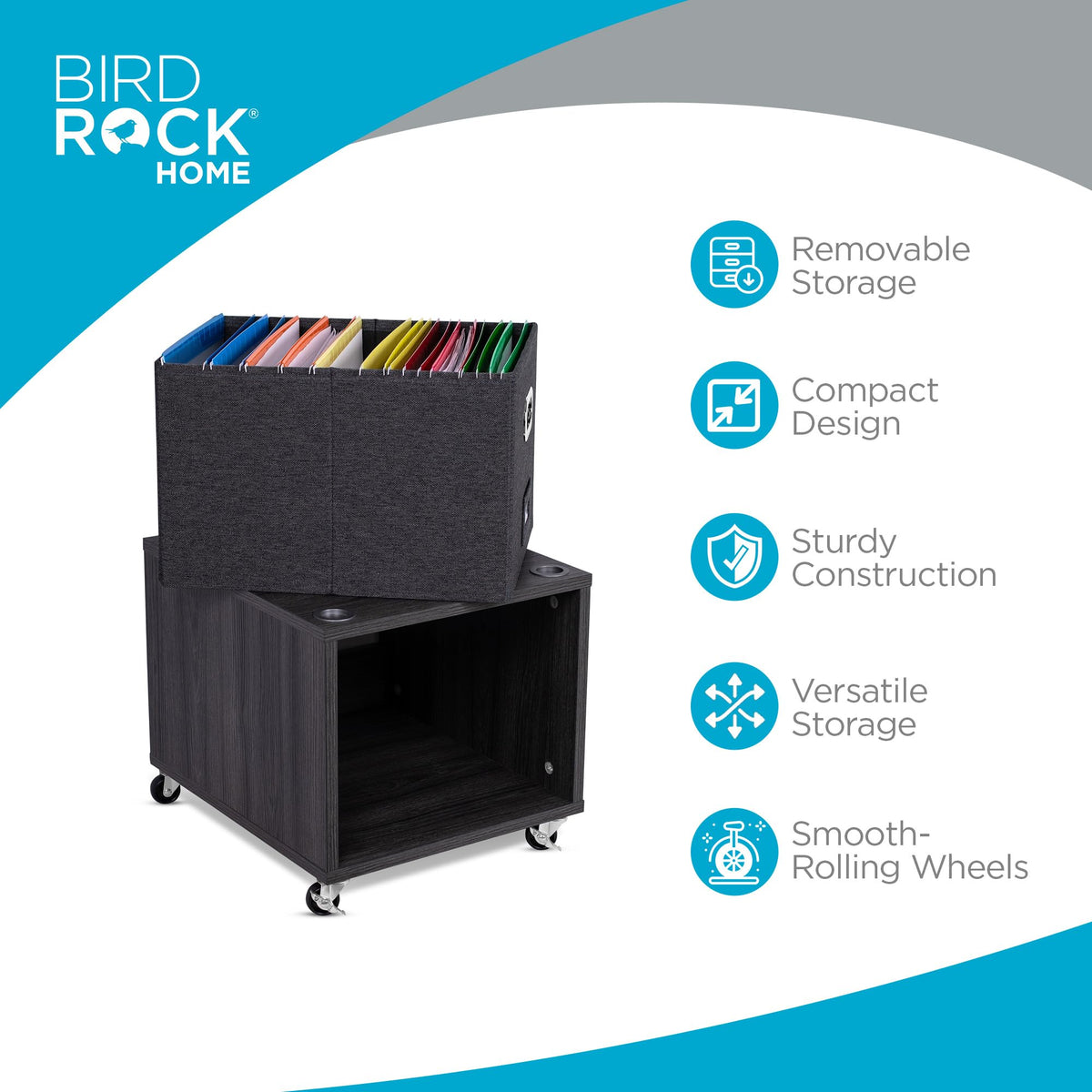 BIRDROCK HOME Rolling File Cabinet – Decorative Storage Shelf w/Removable Bins, Handles, and Wheels