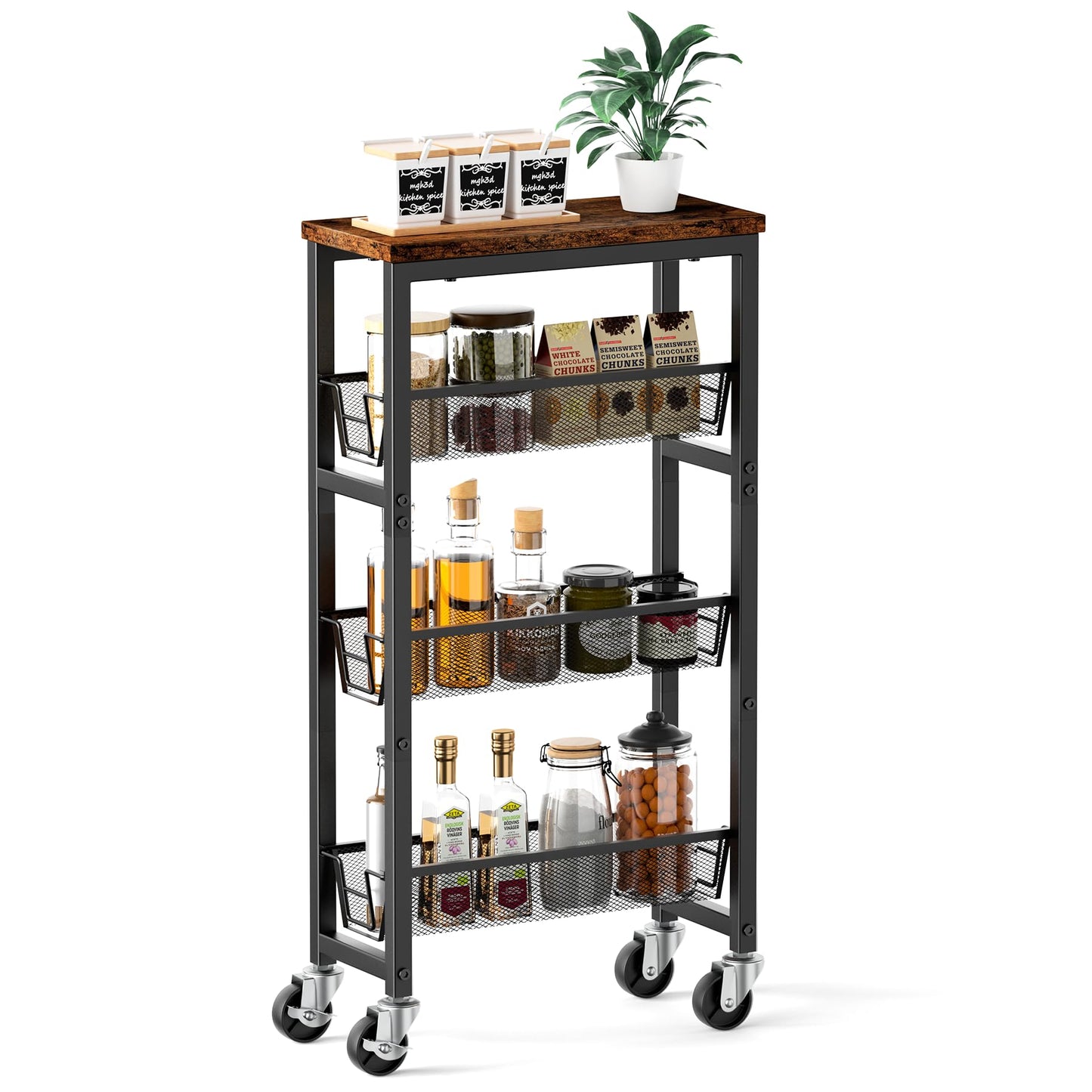 Honest Slim Storage Cart 4-Tier Slim Rolling Cart with Metal Frame and Wooden Top, 6.3 Inches
