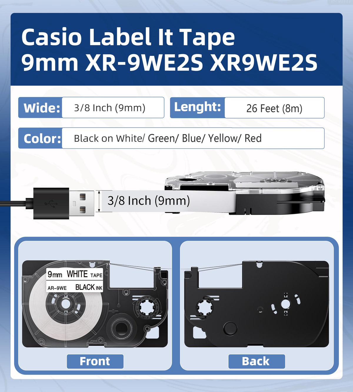 Replace for Casio Label Maker Tape 9mm 3/8" Label It Tape Cartridge