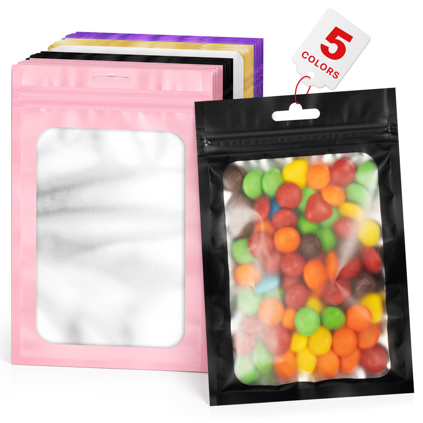 ANZNKU 100Pcs Colorful Mylar Bags, Resealable Smell Proof Zip Goodie Baggie
