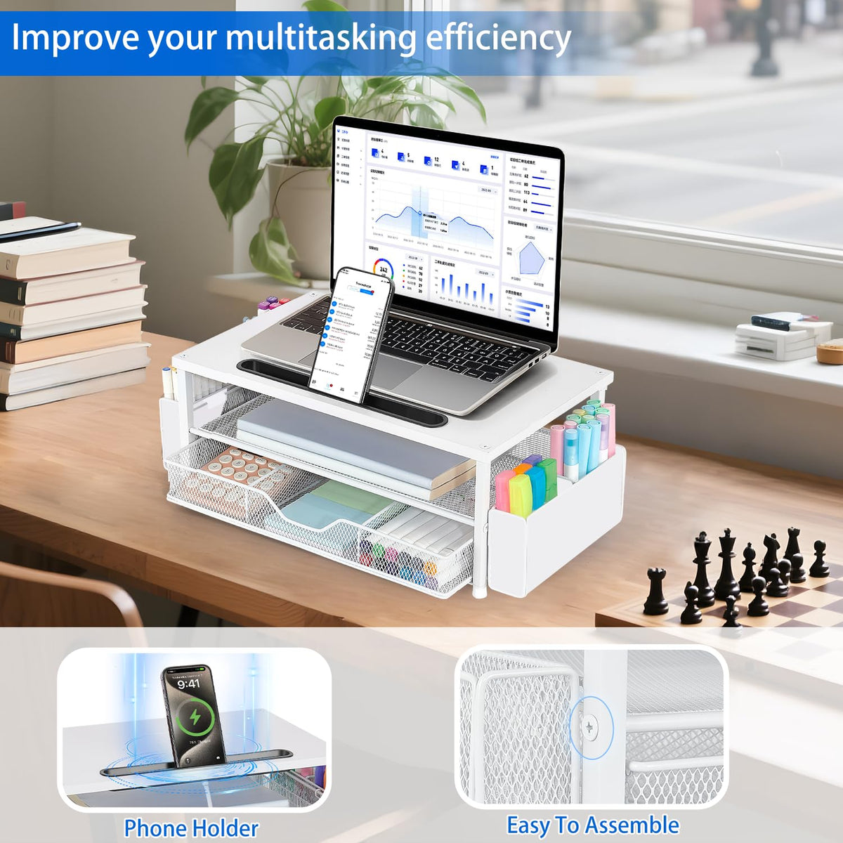 AUPSEN White Monitor Stand Riser, 2-Tier Wood Computer Desk Organizer with Drawer, Pen Storage &