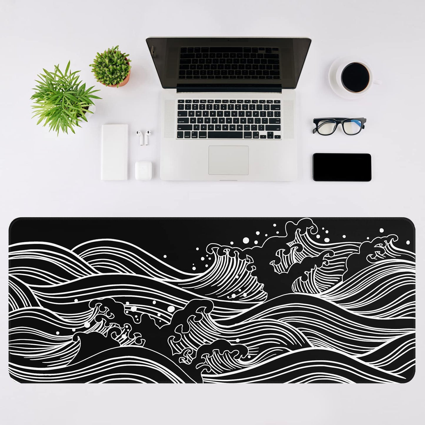 DIGSOM Gaming Mouse Pad Black and White Sea Wave Pattern, 31.5 x 11.8in
