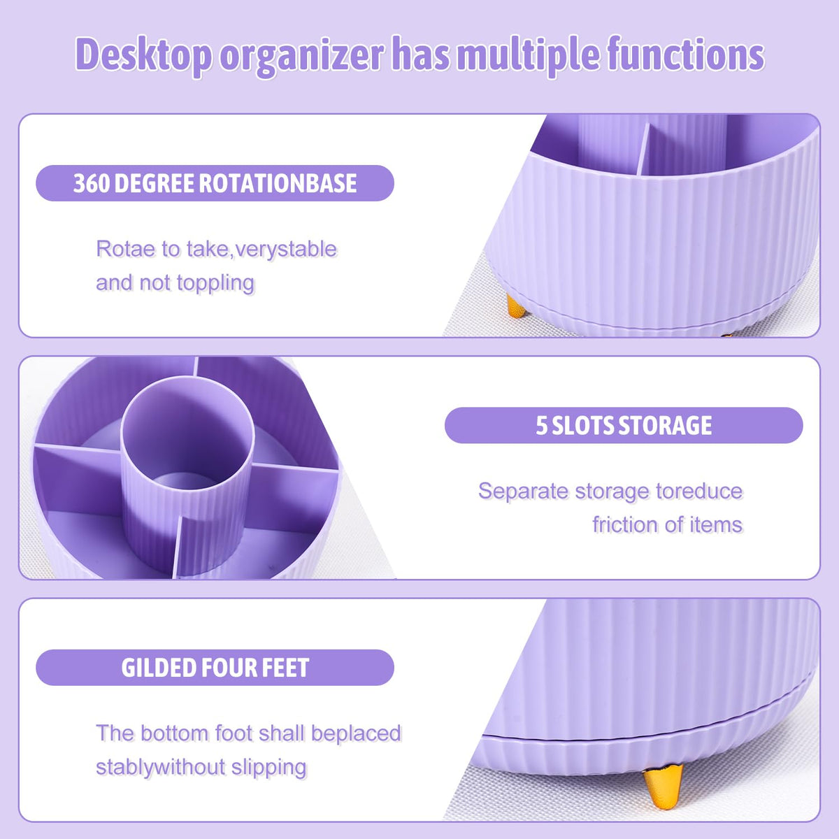 Gawsey Purple Desk Organizers and Accessories with Desk Organizer 360° Rotating Pen Holder and
