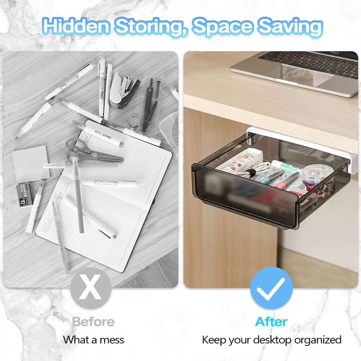 OSPNIEEK Self-adhesive Under Desk Drawer Organizer, 2 Pack Table Hidden Slide Out Large Storage