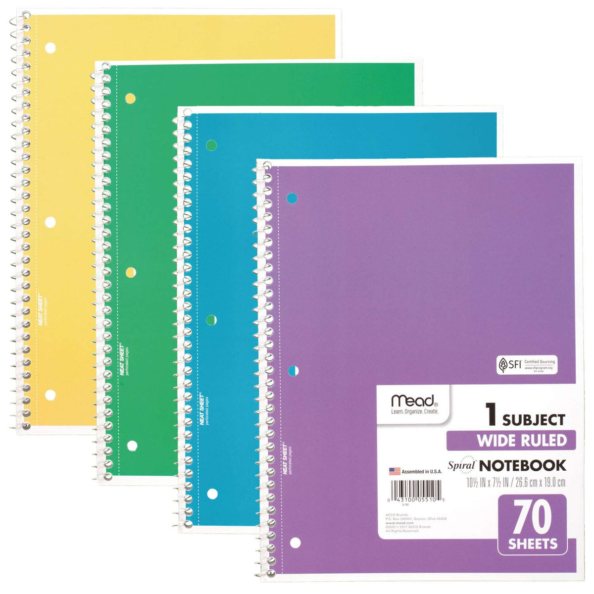 Mead Spiral Notebook, 4 Pack, 1 Subject, Wide Ruled Paper, 7-1/2" x 10-1/2", 70 Sheets per