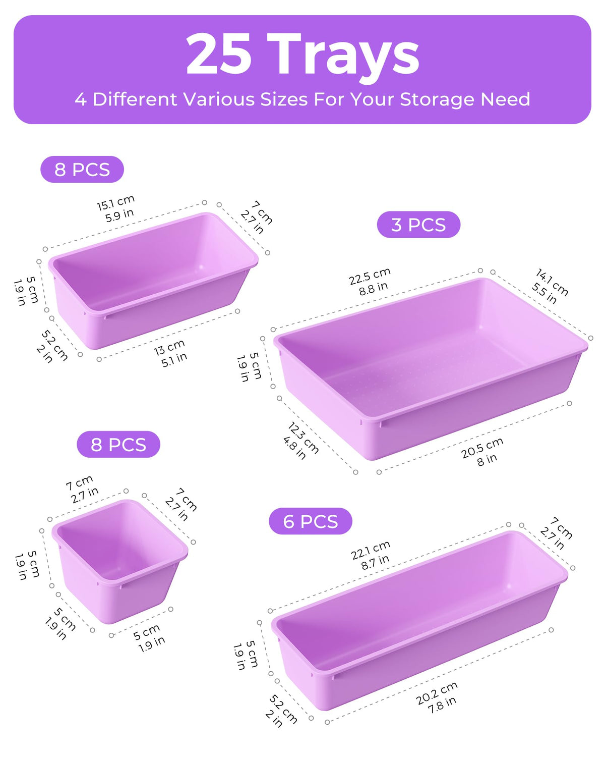 BiuLeon 25 PCS Plastic Drawer Organizers Set, 4-Sizes Vanity and Makeup Organizer, Desk and