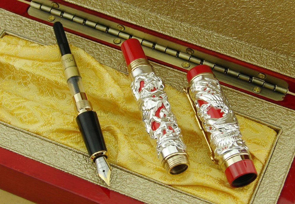 Jinhao Dragon Phoenix 3D Embossment Silver Red Fountain Pen Fine Nib Chinese Ruyi Clip Wooden Gift