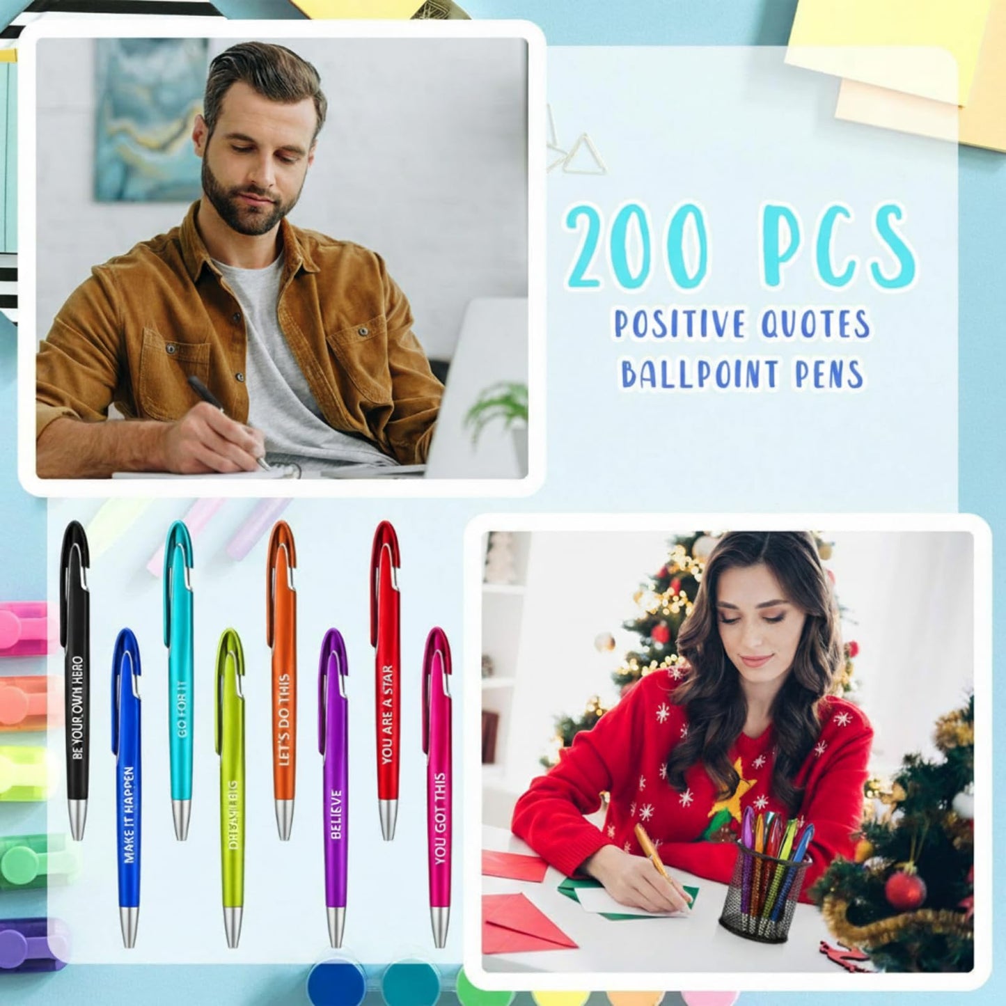 Lincia 200 Pcs Positive Theme Ballpoint Pens Bulk, Medium Point, Black Ink