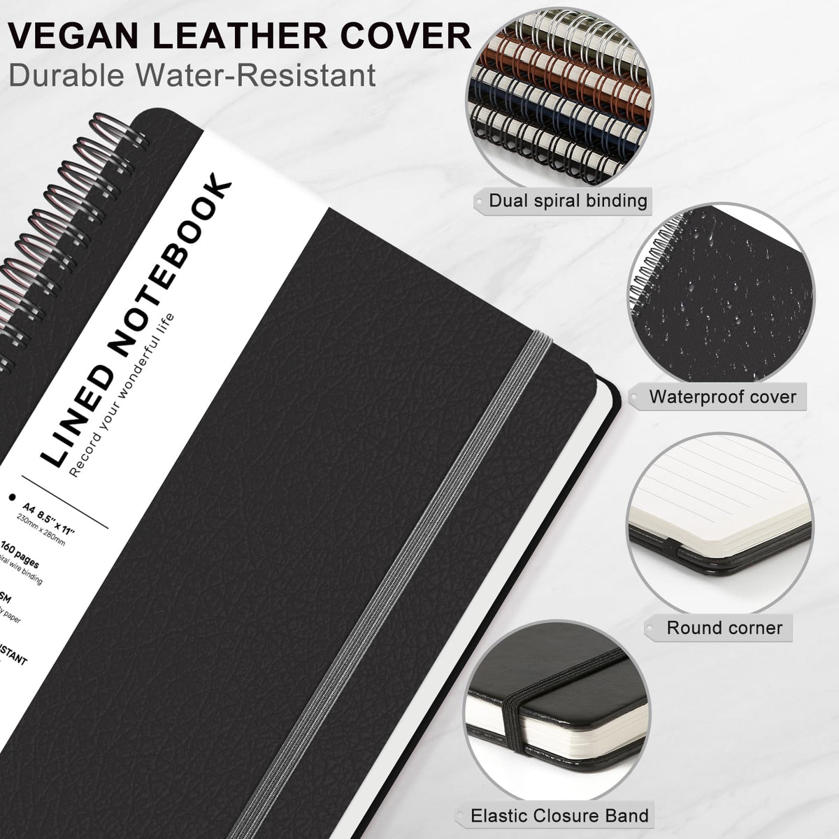Lined Spiral Notebook for Women, A4 College Ruled Leather Spiral Journals