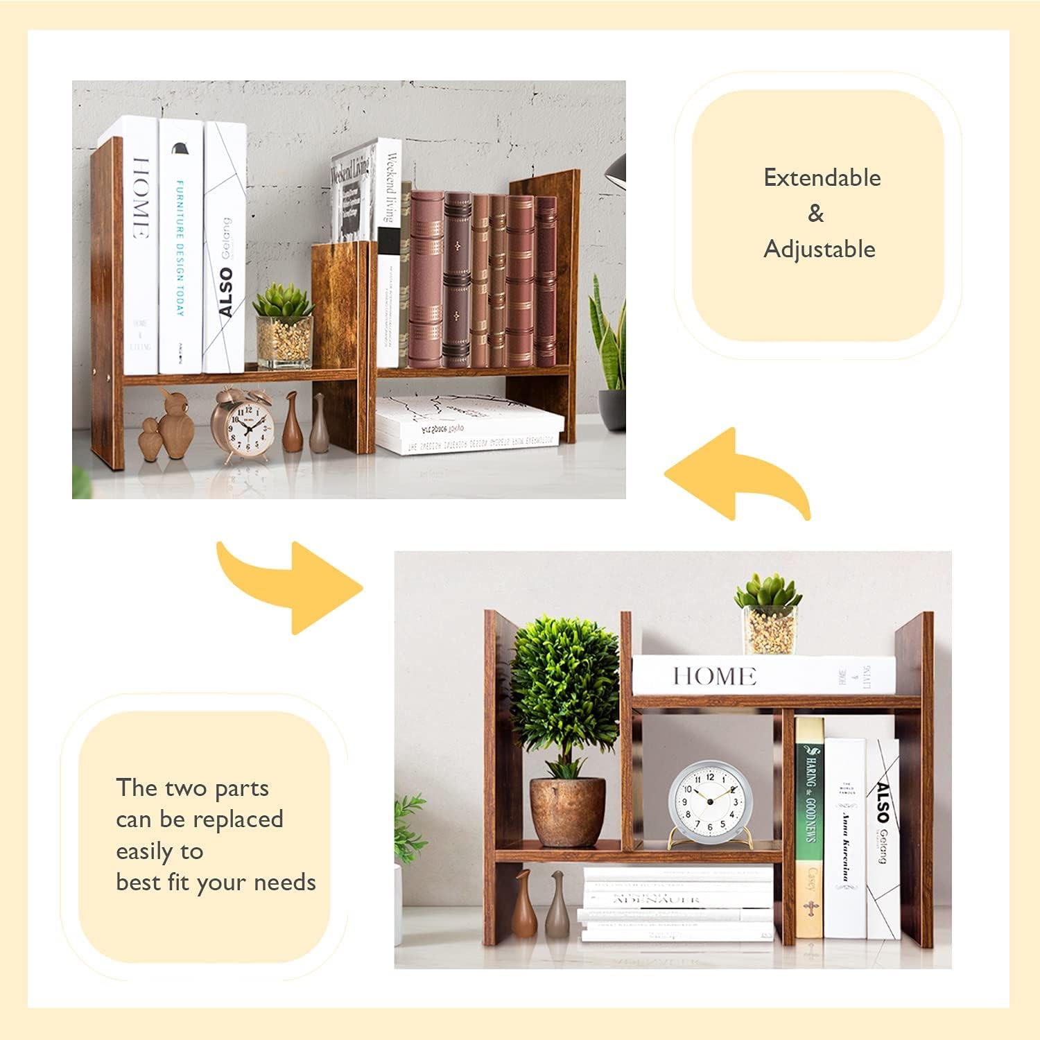 BROWN-BROWN Adjustable Wood Desk Shelf Organizer Office Home Multipurpose Desktop Shelf, Display