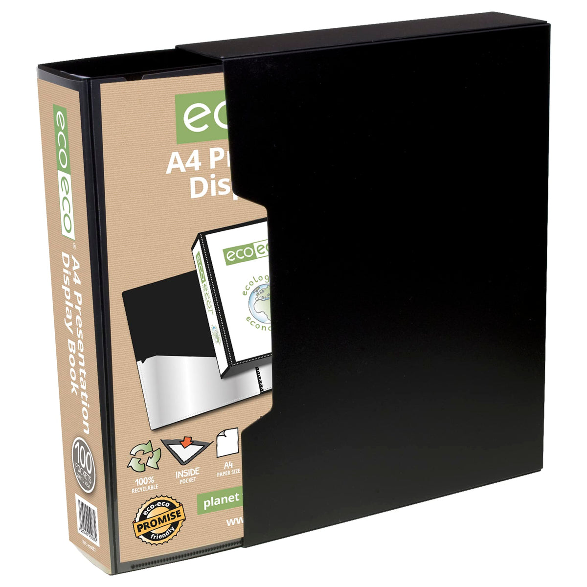 eco-eco A4 Size 50% Recycled 100 Pocket Black Presentation Display Book, Storage Case Portfolio Art