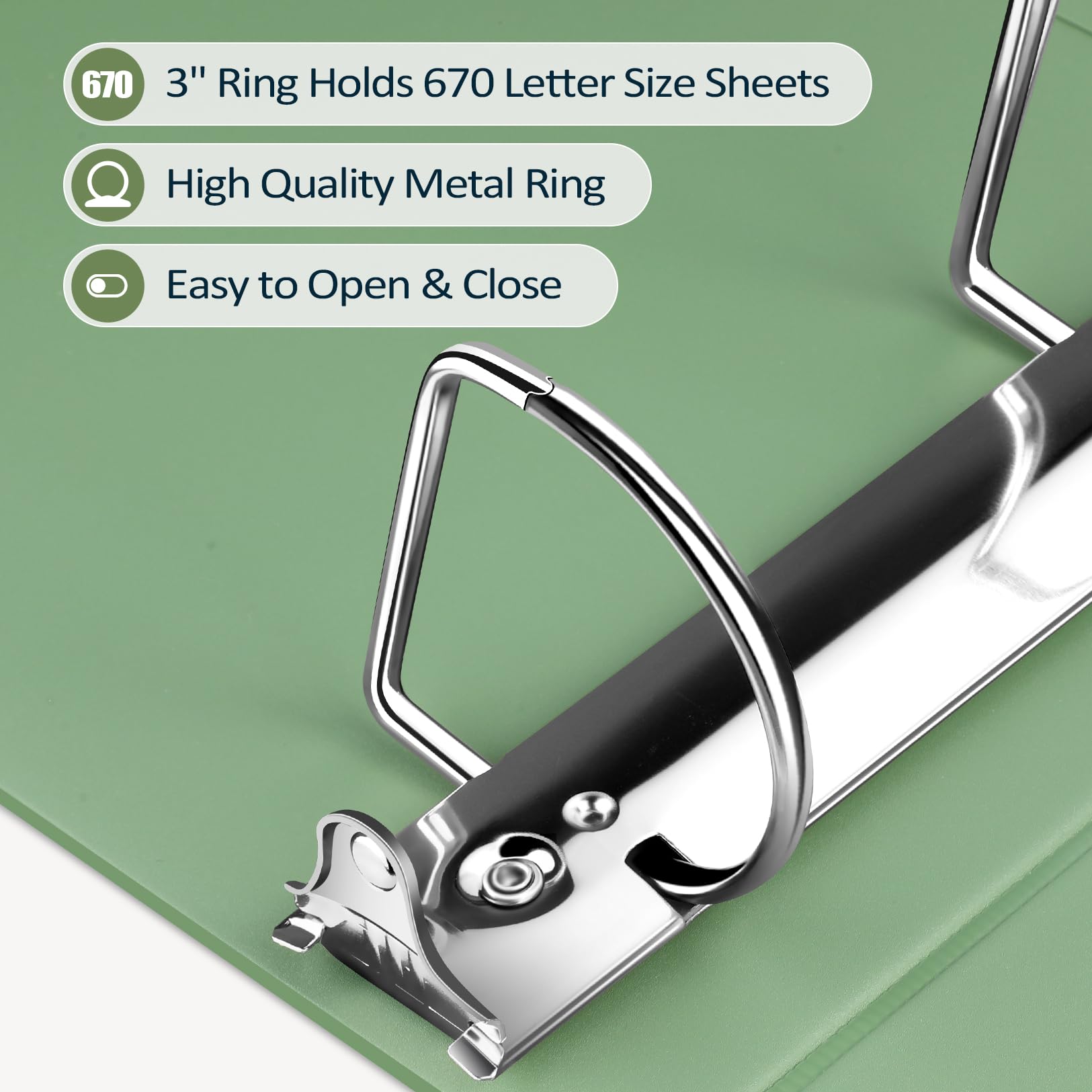 Sooez 3 Ring Binder 3 Inch, Large Binder with Pocket, Olive Green, 8.5"x11"