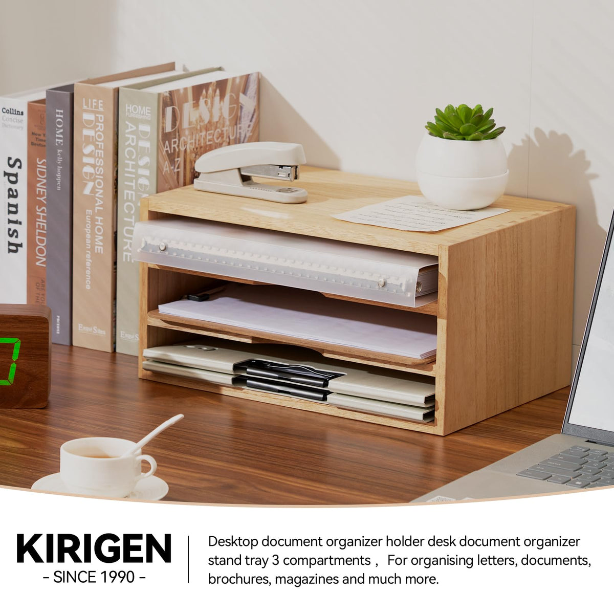 KIRIGEN Wooden Desk Organizer 3-Tier Letter Tray and Paper Sorter, Natural
