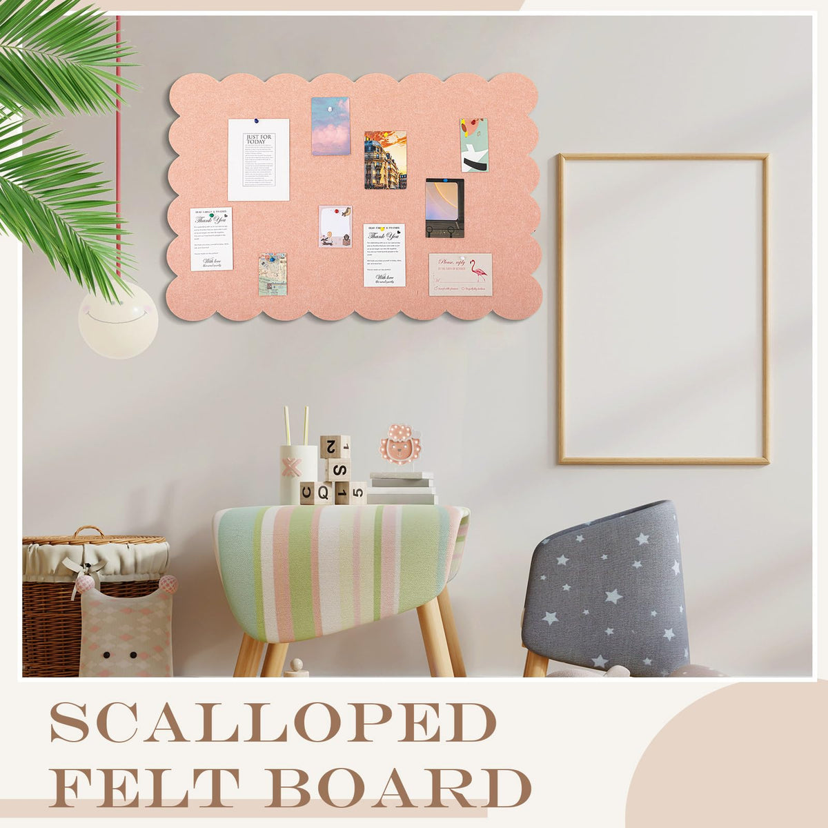 Mooliwe Scalloped Felt Bulletin Cork Board Foldable Light Pink 36 * 24 Inch