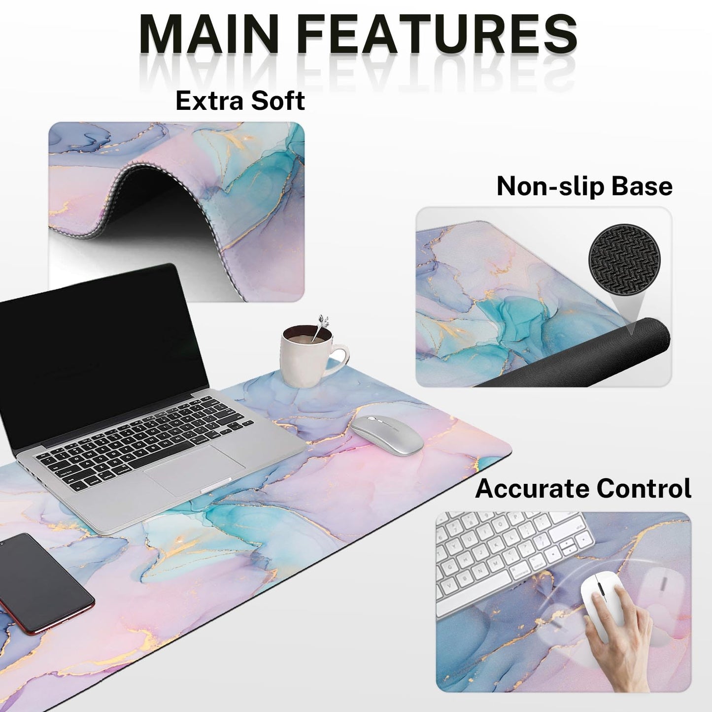 Arttown Keyboard Mouse Pad Set, 4 in 1 Desk Mat Set Marble Gradient